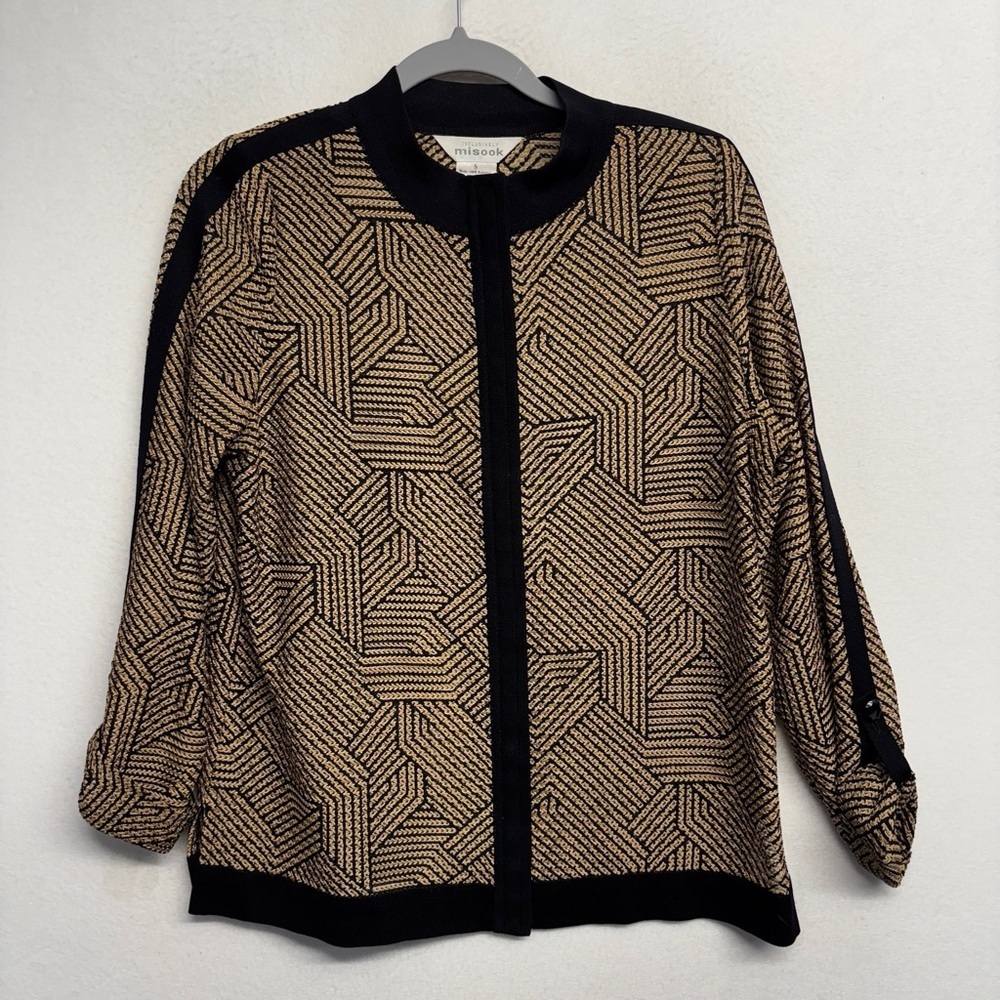 Exclusively Misook Tan Black Boxy‎ Graphic Roll Tab Sleeve Cardigan